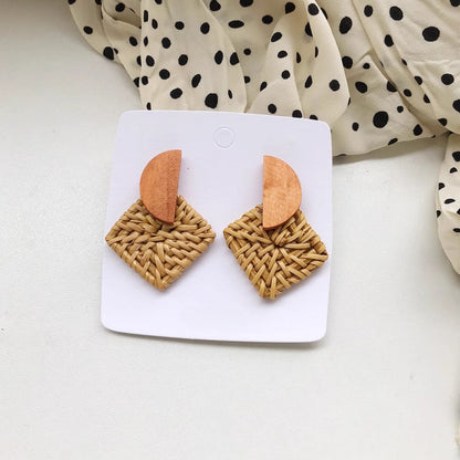 Earwish - Square Rattan Earrings with Wood Accent