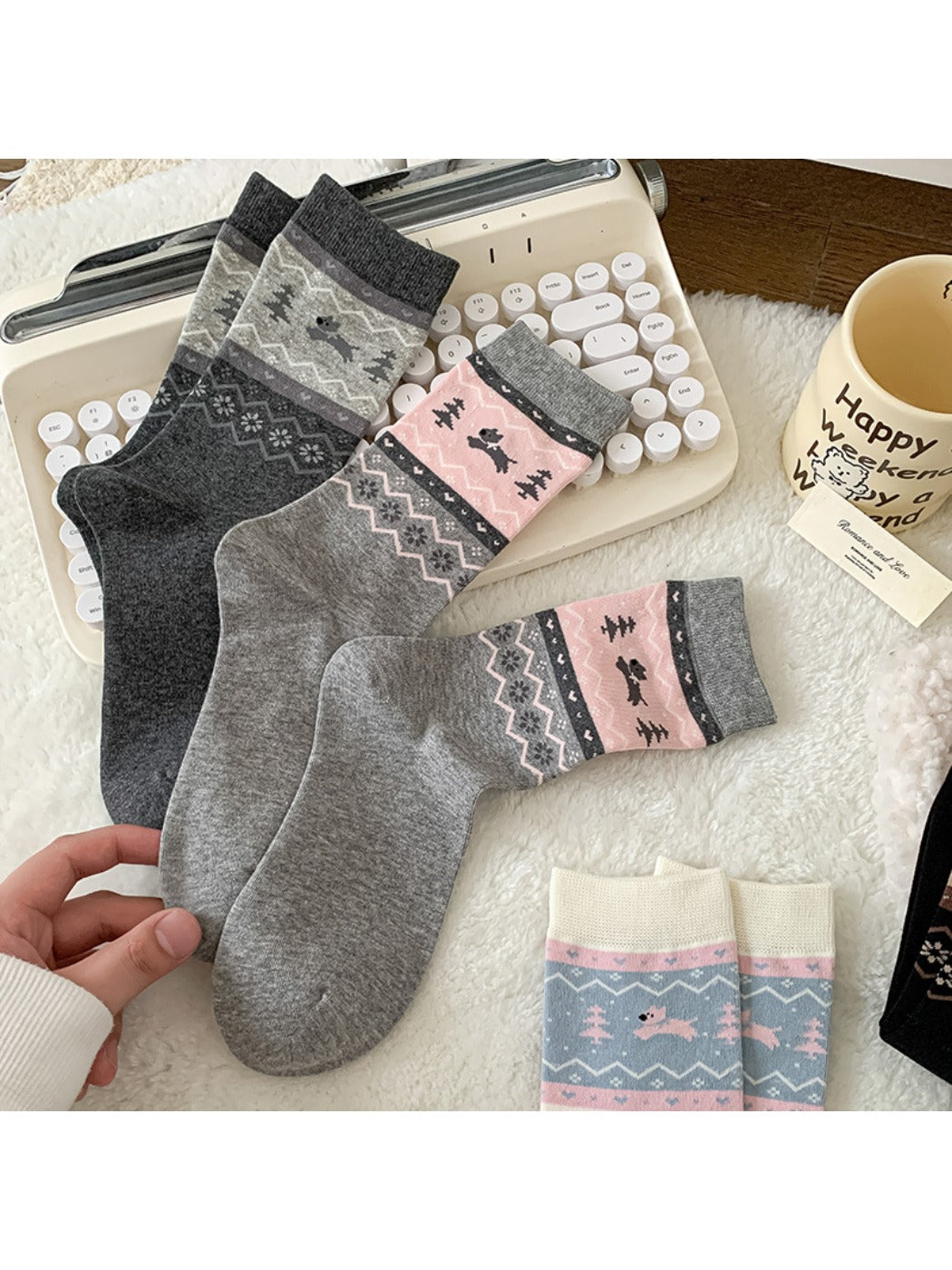 Rufia - Puppy Dog Pattern Cute Mid-Calf Socks