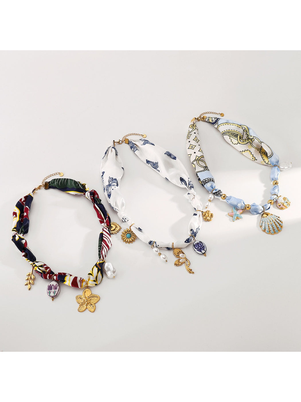Close-up of Neckit Botanical Charm fabric necklace showing detailed floral charm