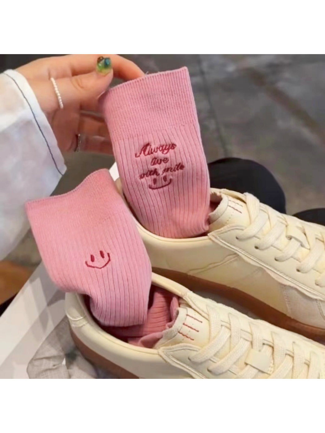Rufia - Smiley Face Rib Knit Crew Socks