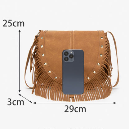 Cosbai - Vintage Brown Studded Fringe Saddle Bag