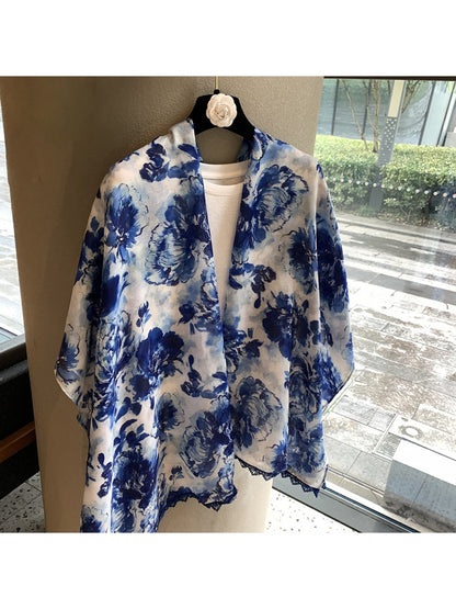 Scarvii - Blue Floral Rectangular Shawl Scarf