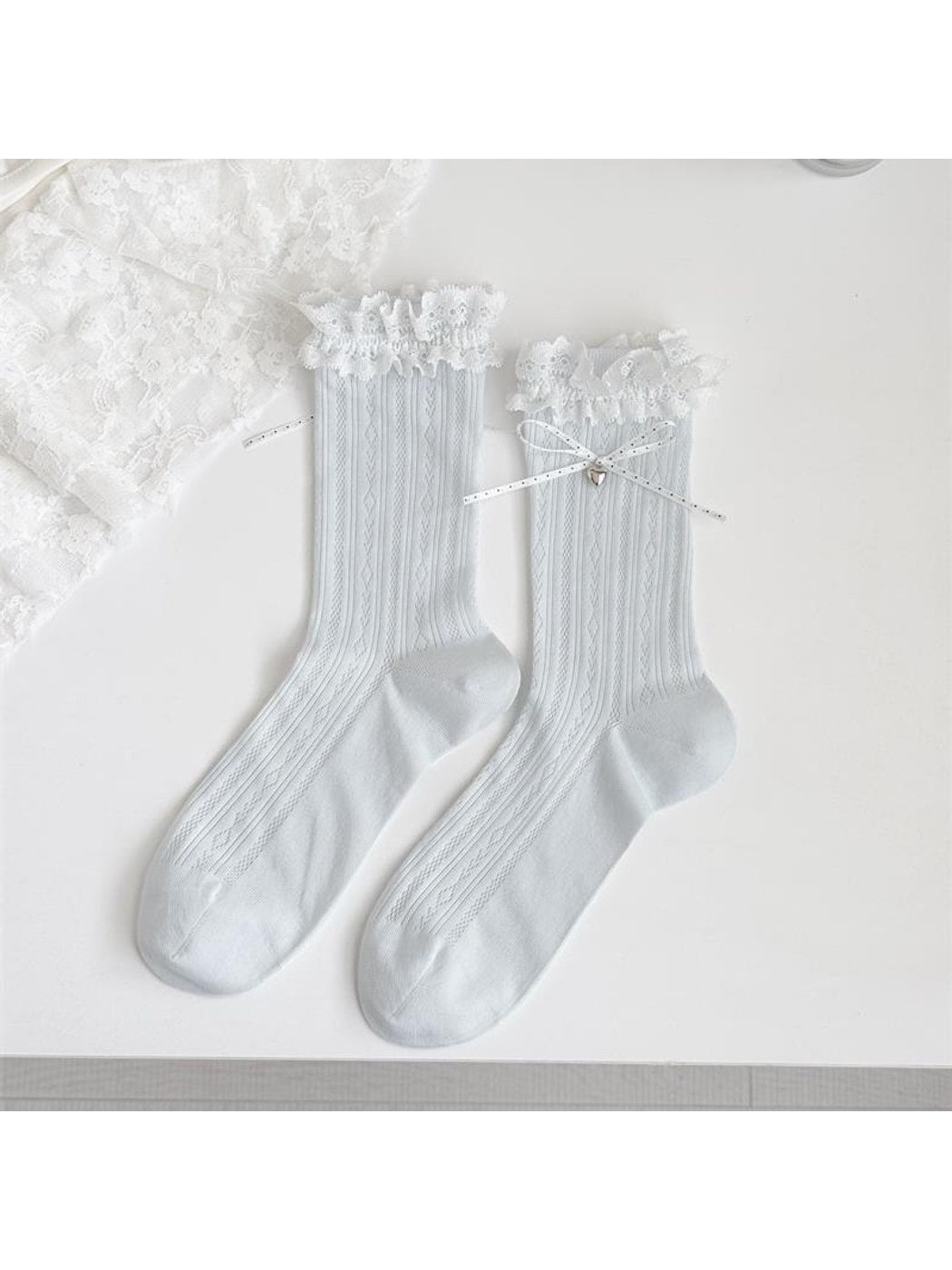 Rufia - Lace Ruffles Trim Bow Detail Crew Socks
