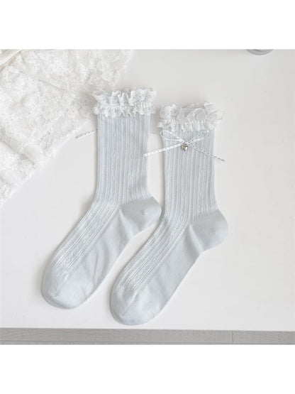 Rufia - Lace Ruffles Trim Bow Detail Crew Socks