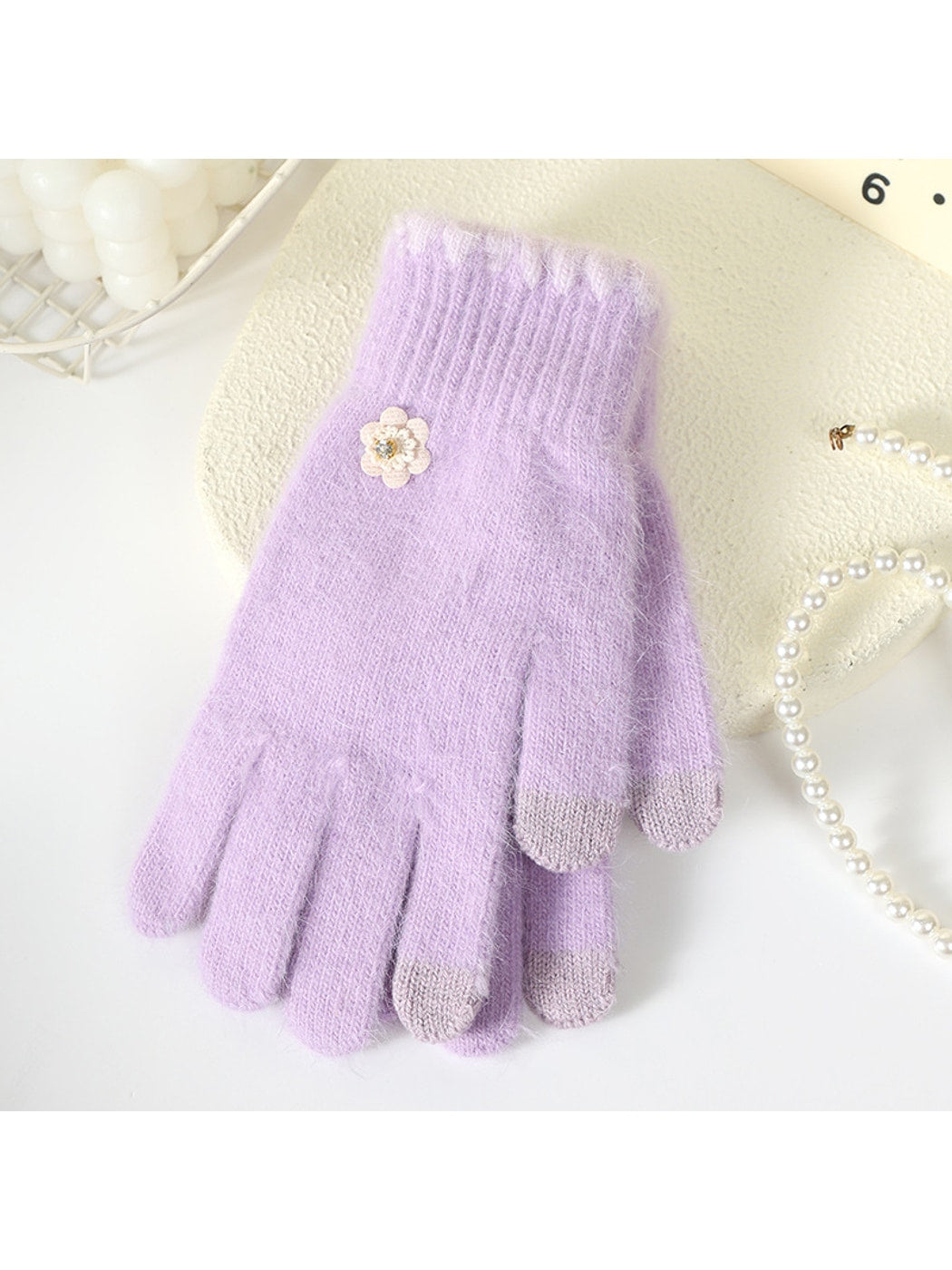 Gloving - Floral Accent Fuzzy Knit Winter Gloves