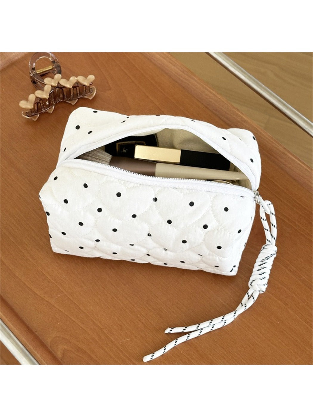 Top view of Cosbai Quilted Dot Cosmetic Bag highlighting the quilted dot design