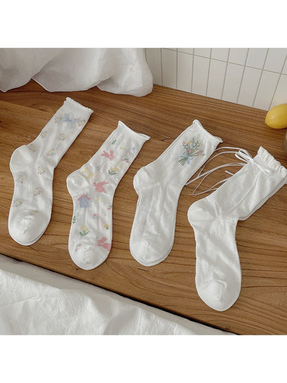 Rufia - Ruffle Cuff Floral Pattern Crew Socks