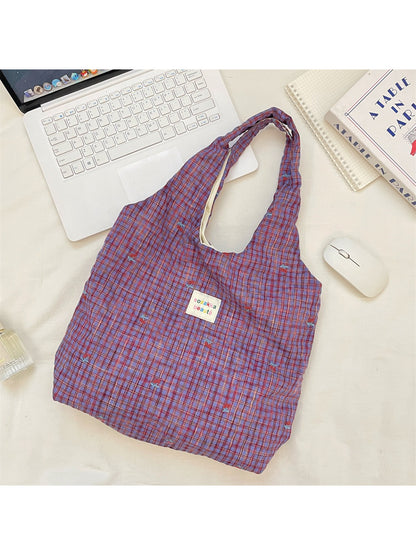Close-up of the check pattern on Cosbai Soft Check Everyday Shoulder Tote Bag
