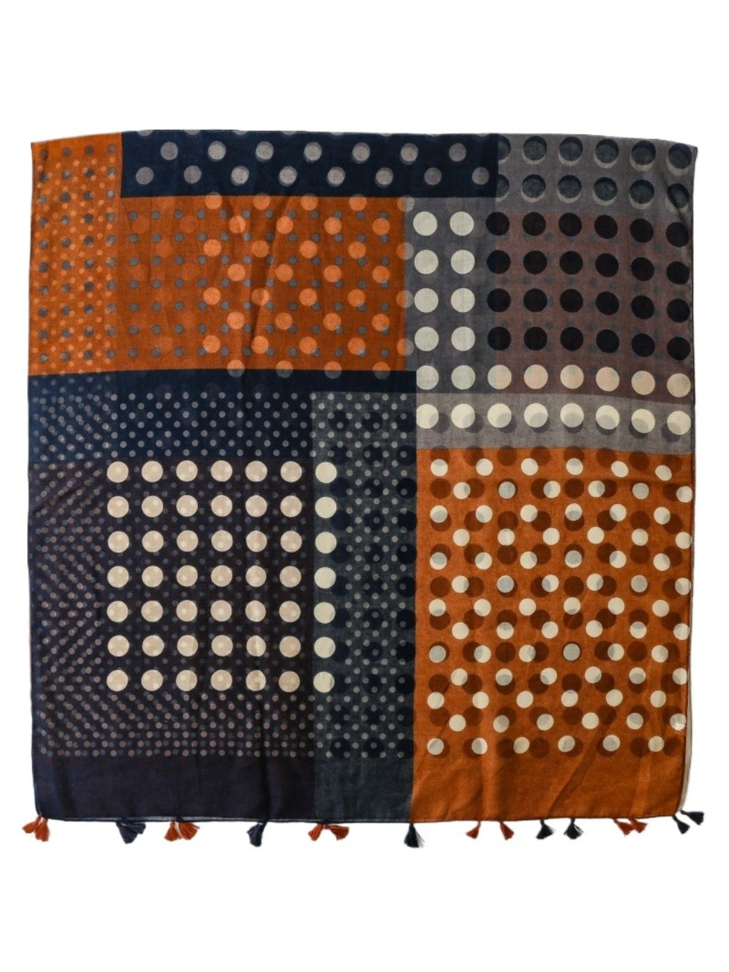 Scarvii scarf draped over a chair highlighting the spot print and colourblock sections