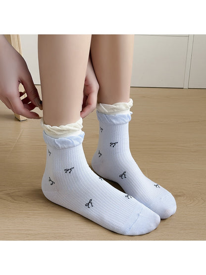 Rufia - Cute Double Cuff Contrast Detail Crew Socks