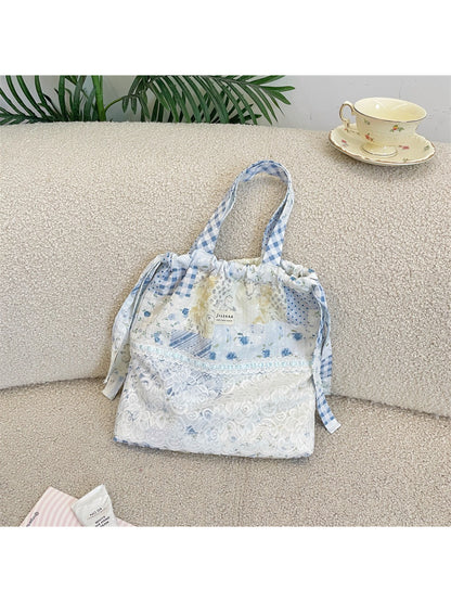 Close-up of lace and patchwork details on Cosbai Romantic Lace Patchwork Shoulder Tote