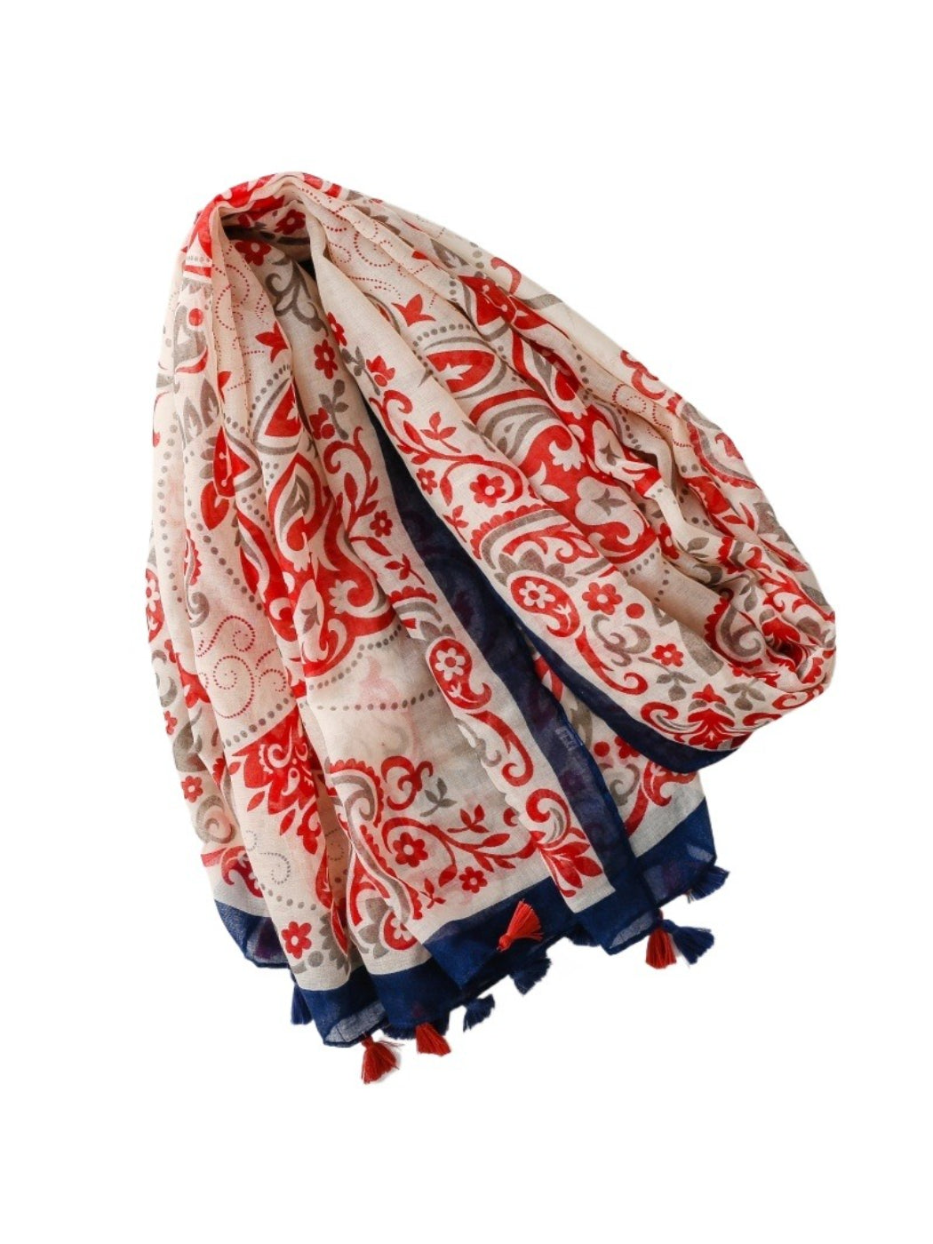Scarvii red border wrap scarf folded neatly on a wooden surface