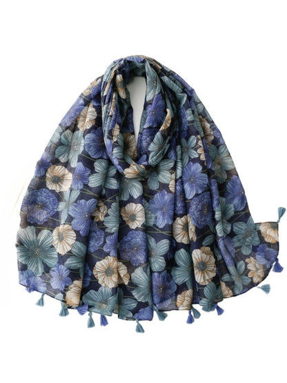 Scarvii Garden Bloom Tassel Scarf folded showing floral pattern and tassel edges