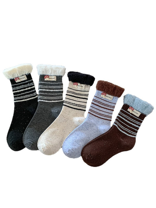 Rufia - Mushroom Label Plush Cuffs Striped Crew Socks