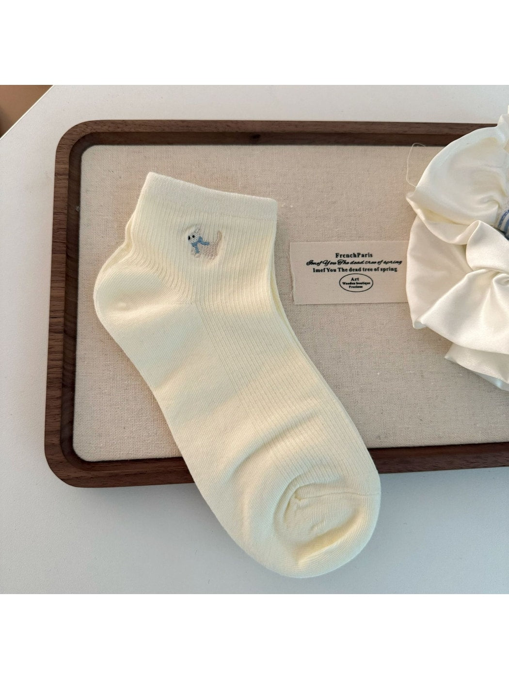 Rufia - Cute Dog Embroidery Solid Color Ankle Socks