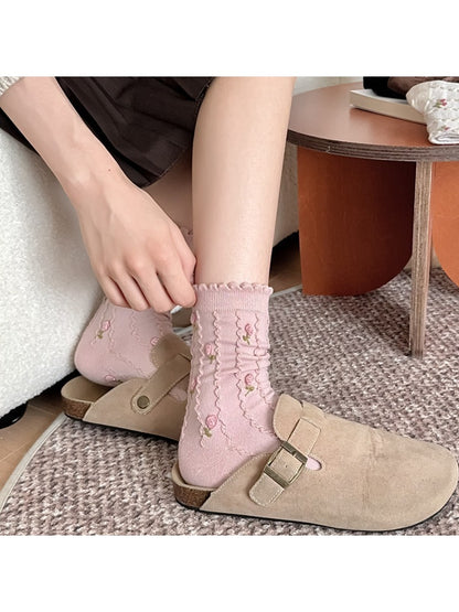 Rufia - Floral Rose Motif Casual Crew Socks
