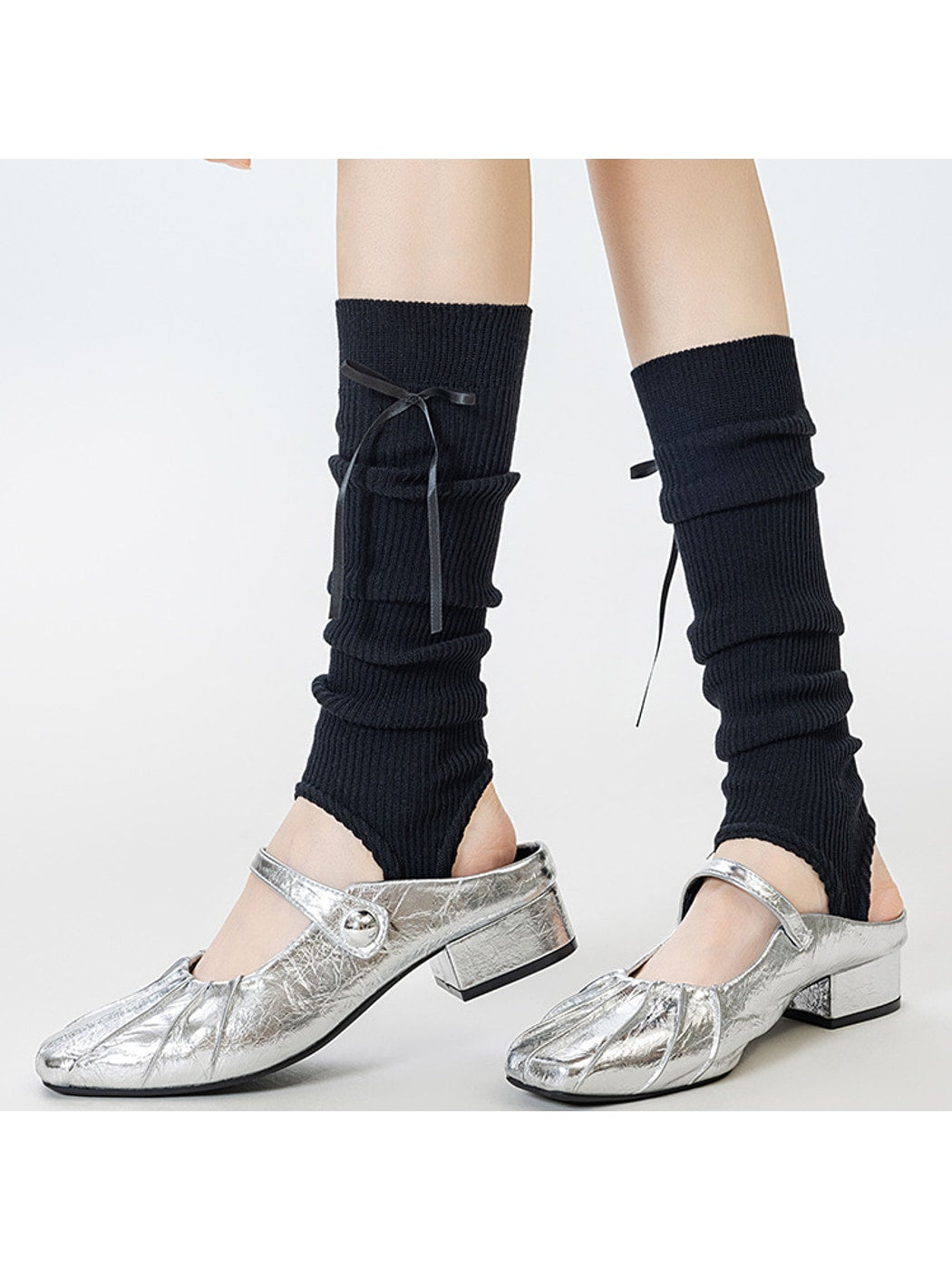 Cozyra - Ribbon-Tie Ribbed Stirrup Leg Warmers