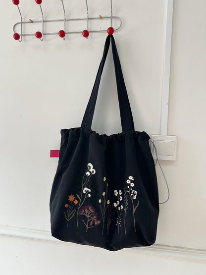 Cosbai - Floral Embroidery Drawstring Tote Bag