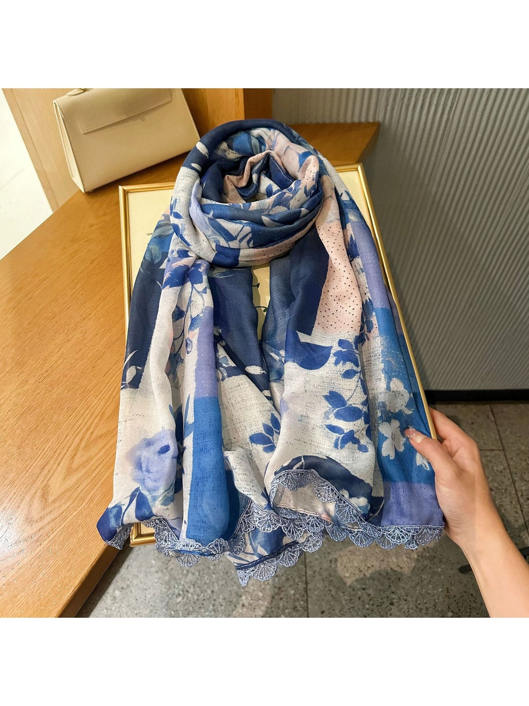 Scarvii - Blue Rose Lace Edge Summer Wrap Scarf