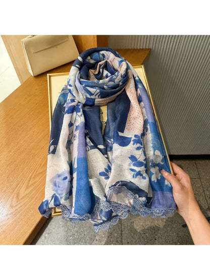 Scarvii - Blue Rose Lace Edge Summer Wrap Scarf