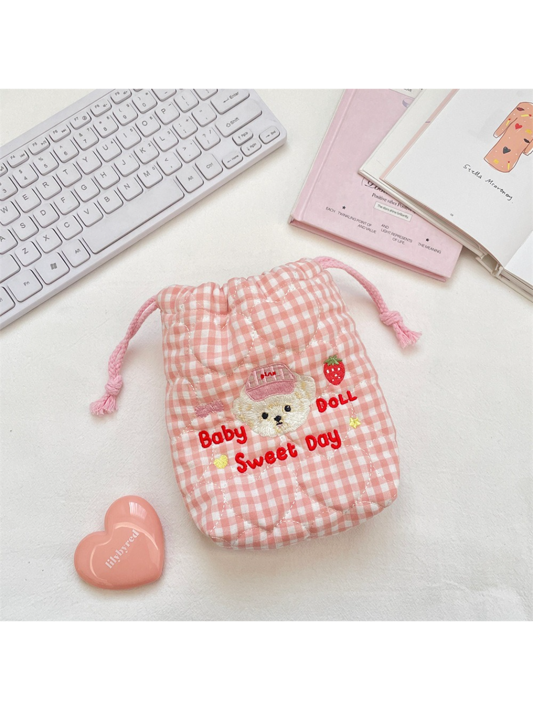Cosbai - Gingham Bear Drawstring Pouch