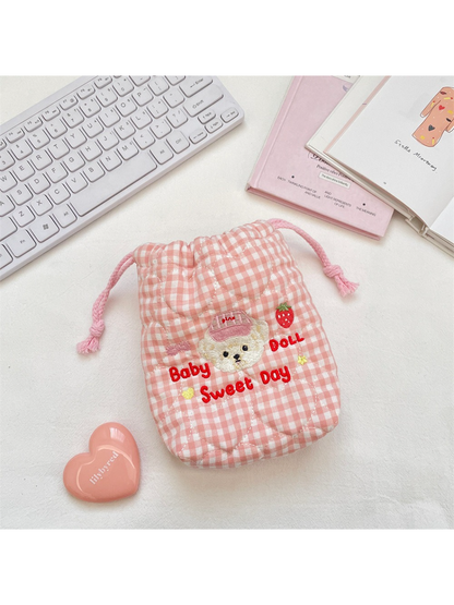 Cosbai - Gingham Bear Drawstring Pouch