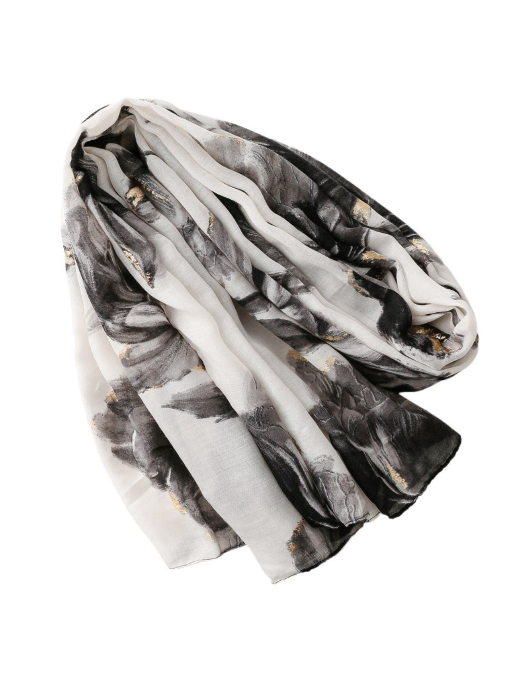 Model wearing Scarvii watercolour floral print scarf around neck