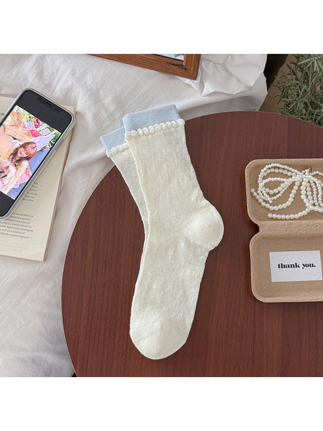Rufia - Lightweight Contrast Cuff Textured Crew Socks