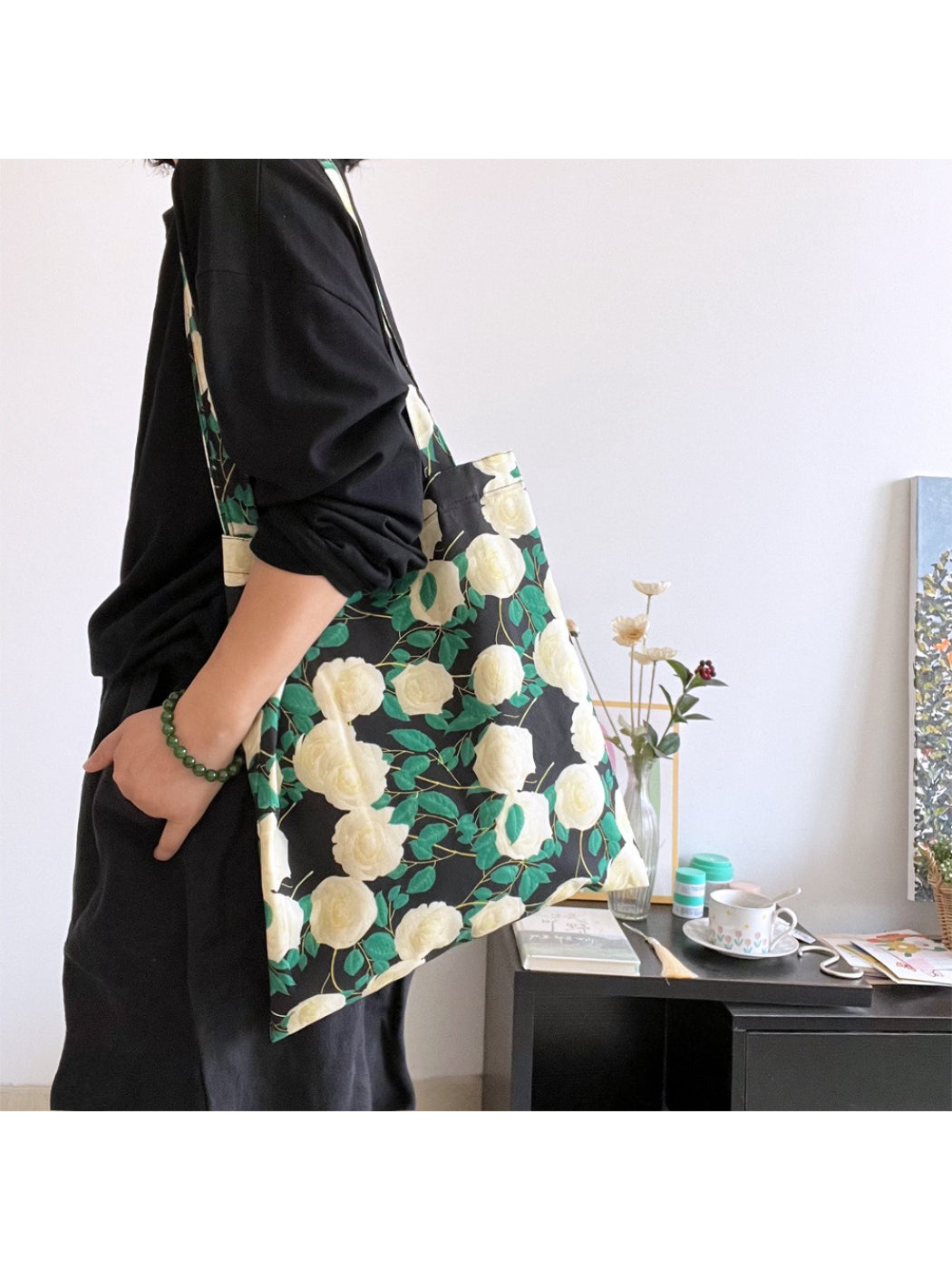 Vintage rose wrap shoulder bag open to display interior compartments