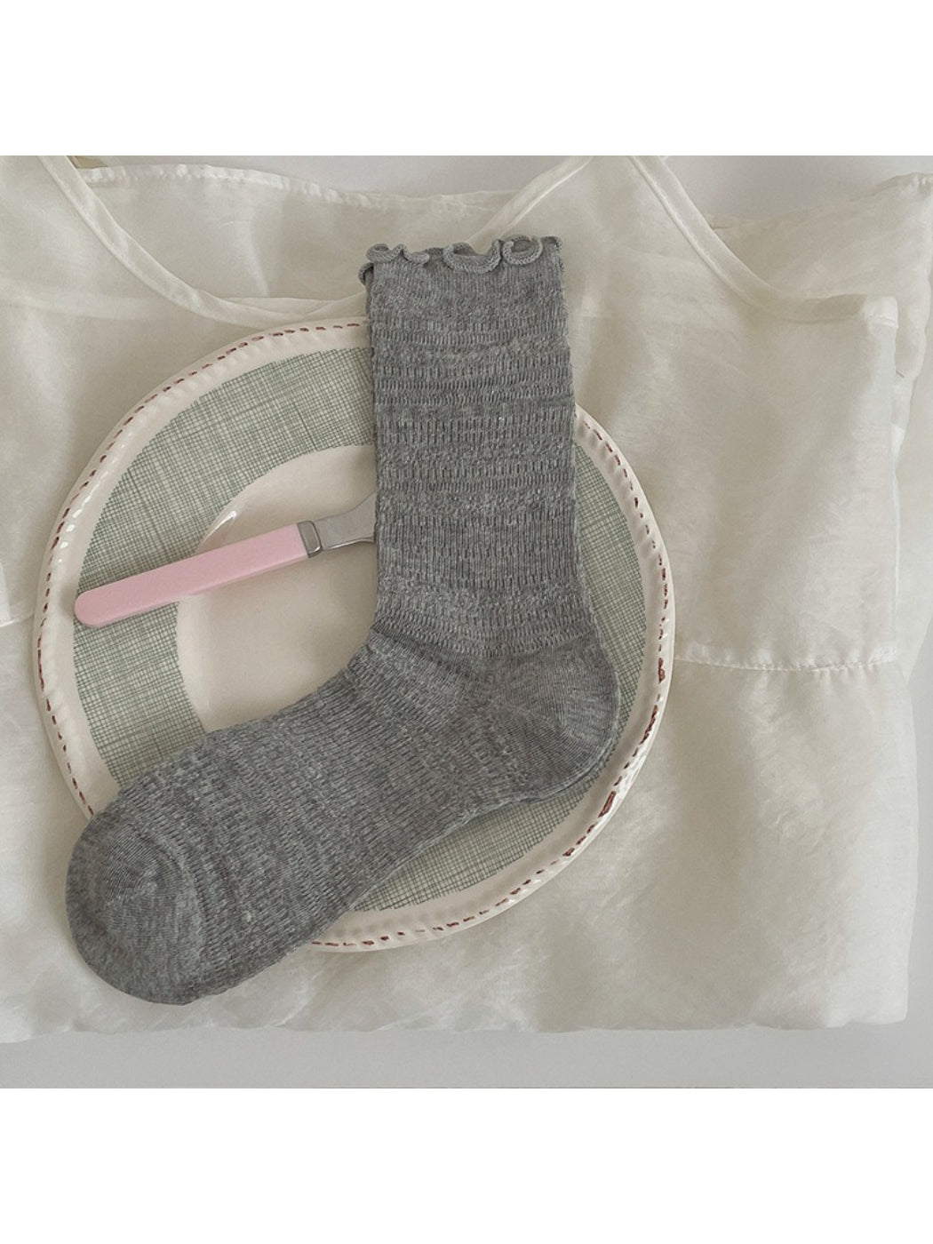 Rufia Sweet Ruffle Edge Socks worn with casual shoes and visible ruffle detail
