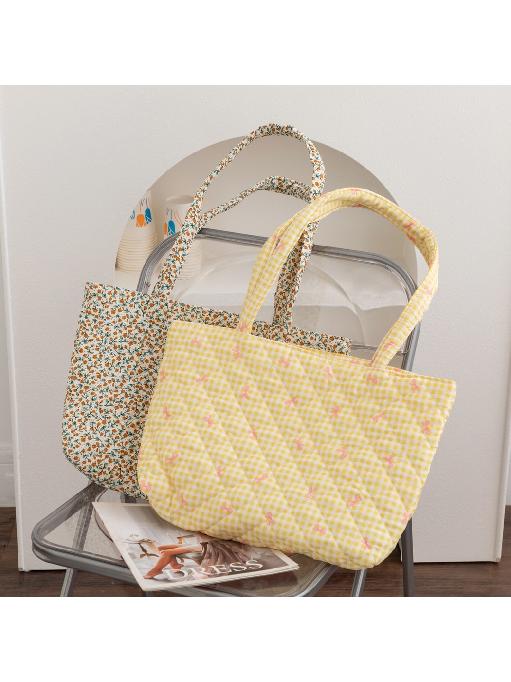 Cosbai - Bow and Floral Patterns Quilted Tote Bag