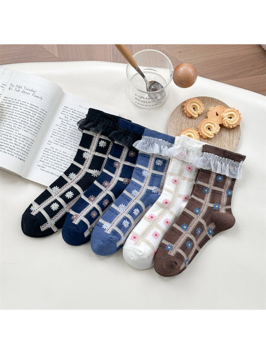 Rufia - Lace Trim Plaid Floral Crew Socks