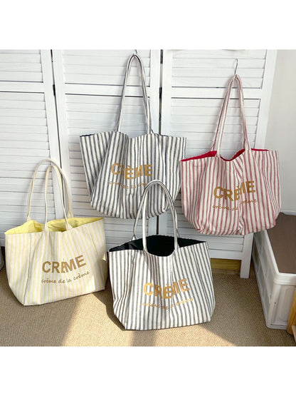 Cosbai reversible tote bag with black and white horizontal stripes front view