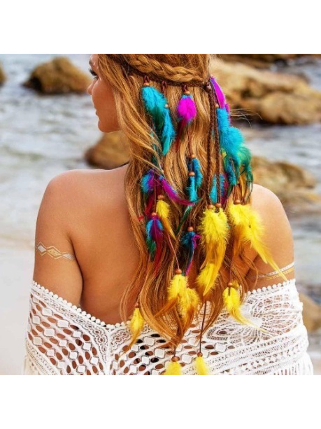 Side view of vibrant feather hair headpiece showcasing layered feathers in various colors