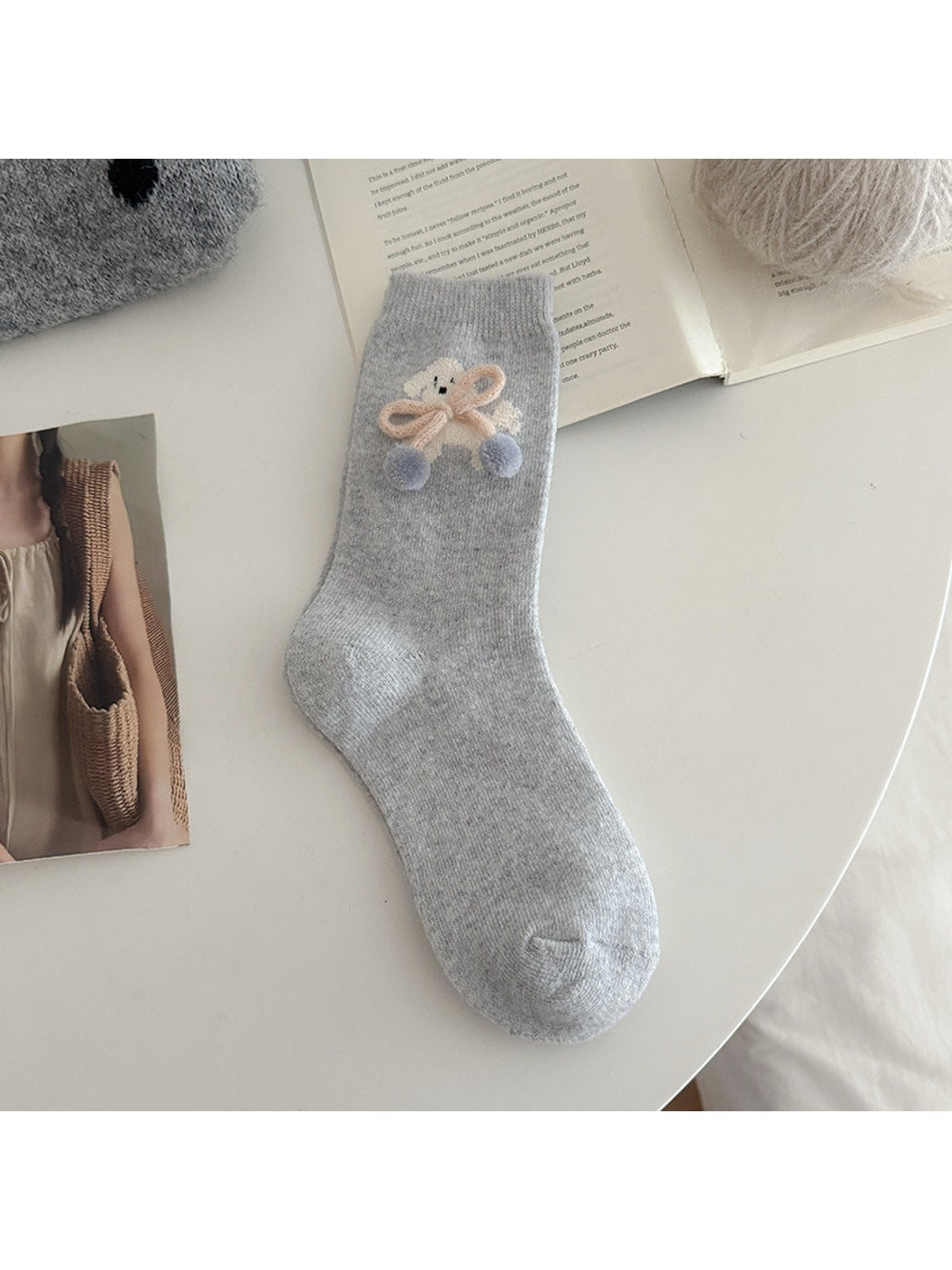 Rufia - Playful Puppy Pattern Plush Bow Crew Socks