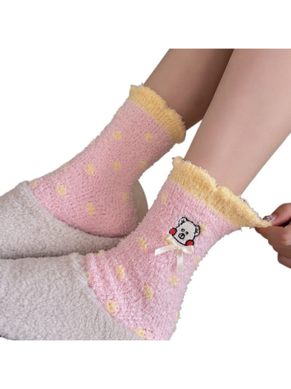 Rufia - Embroidered Cartoon Face & Ribbon Bow Crew Socks