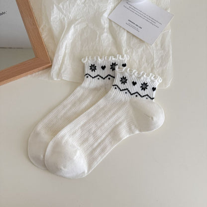 Side view of Rufia Nordic Heart Frill Crew Socks showing ribbed cuff and heart details