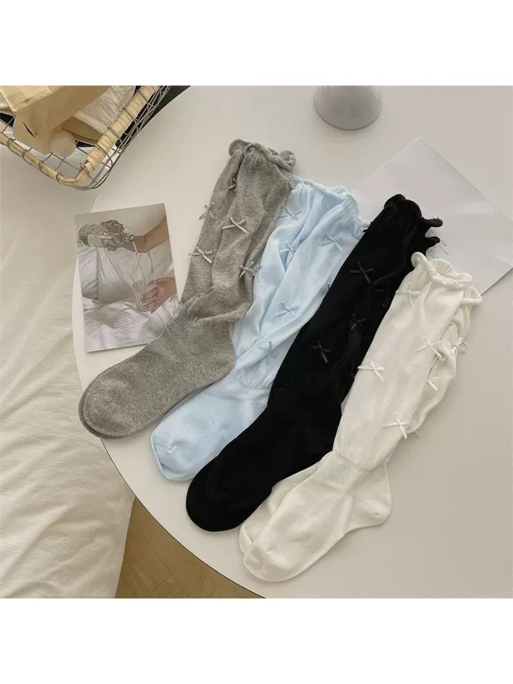 Rufia - Decorative Bow Trim Slouchy Mid Calf Socks
