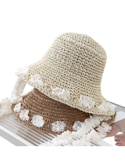 Haila lace trim woven bucket hat displayed on a white background