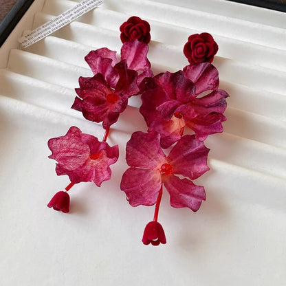Earwish - Red Rose Floral Long Earrings - Romantic & Vintage