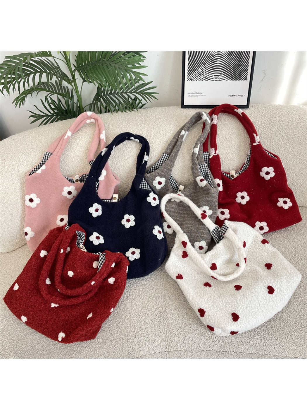 Cosbai - Plush Floral Pattern Shoulder Bag