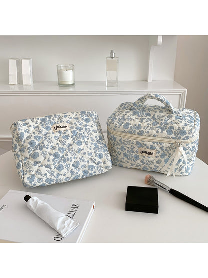 Cosbai - Blue Floral Handheld Cosmetic Organizer Bag