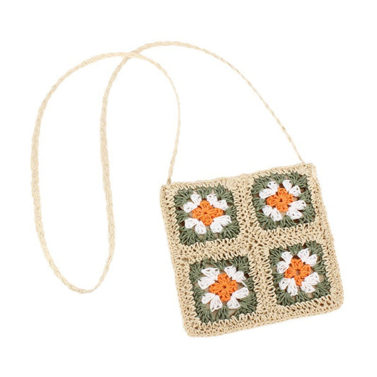 Cosbai - Boho Woven Flower Crossbody Bag With Zipper