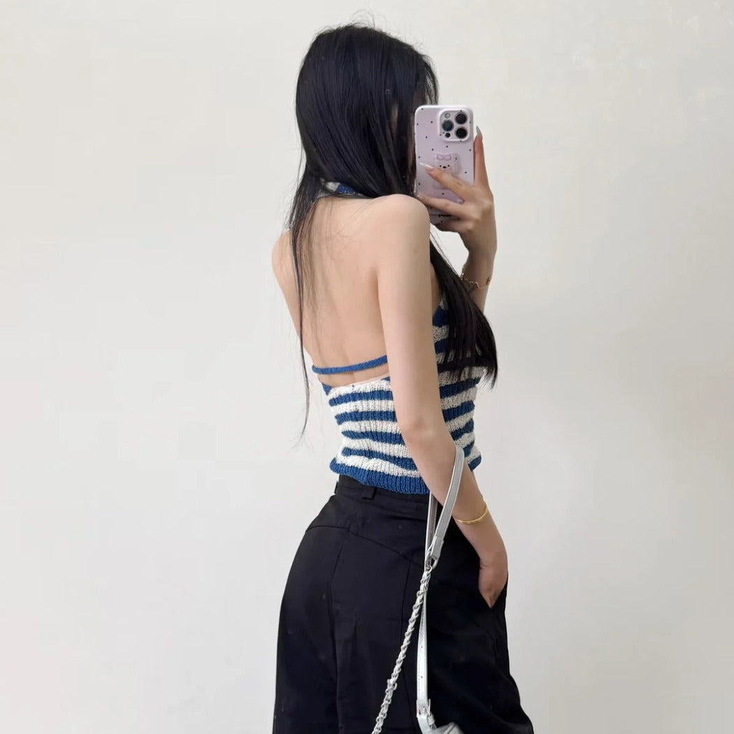 Vesty -  Striped Backless Halter Top - Soft & Sexy