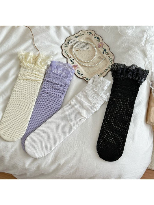 Rufia - Decorative Lace Edge Sheer Mesh Mid-calf Socks