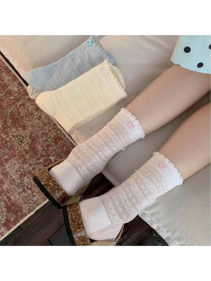 Rufia - Flower Shaped Button Accent Solid Color Crew Socks