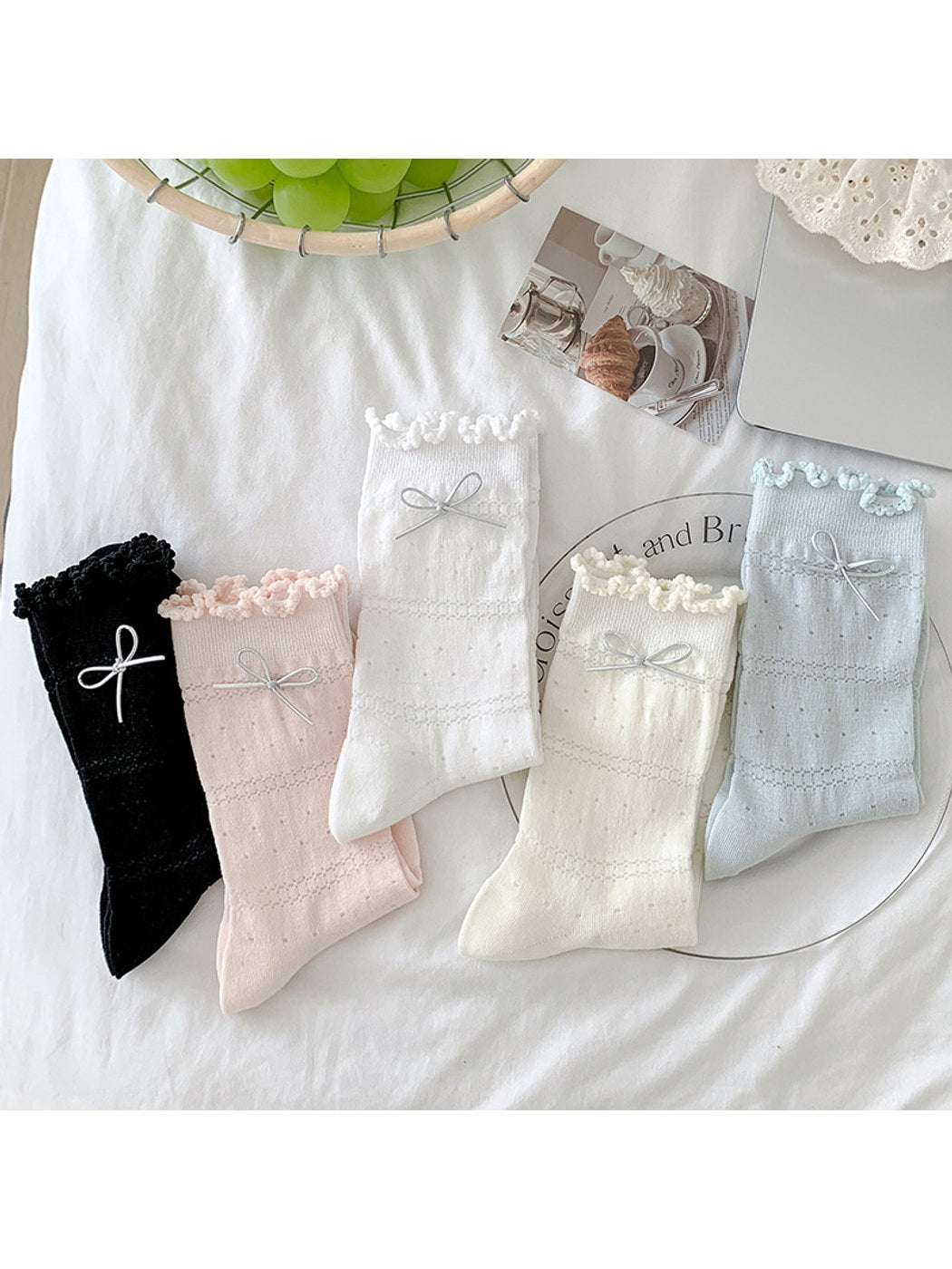 Rufia - Ruffle Cuffs Bow Detail Solid Color Crew Socks
