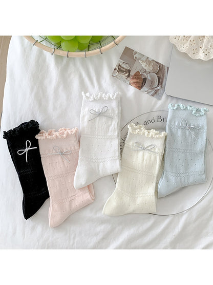 Rufia - Ruffle Cuffs Bow Detail Solid Color Crew Socks
