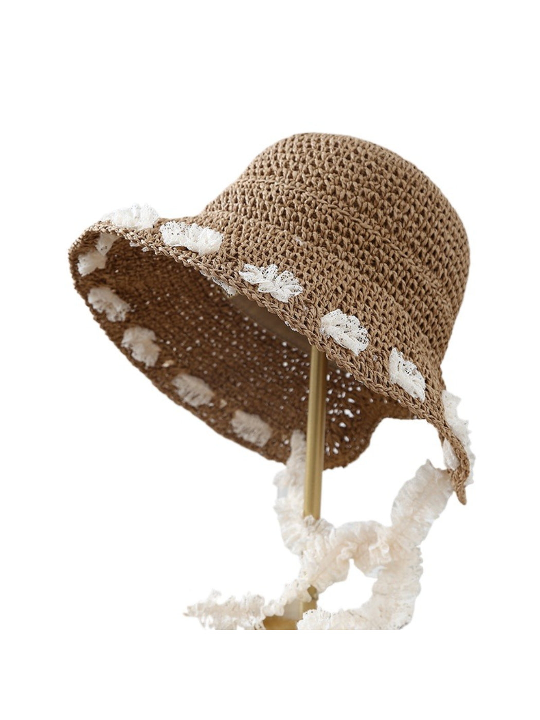 Close-up of Haila bucket hat highlighting lace trim and woven material