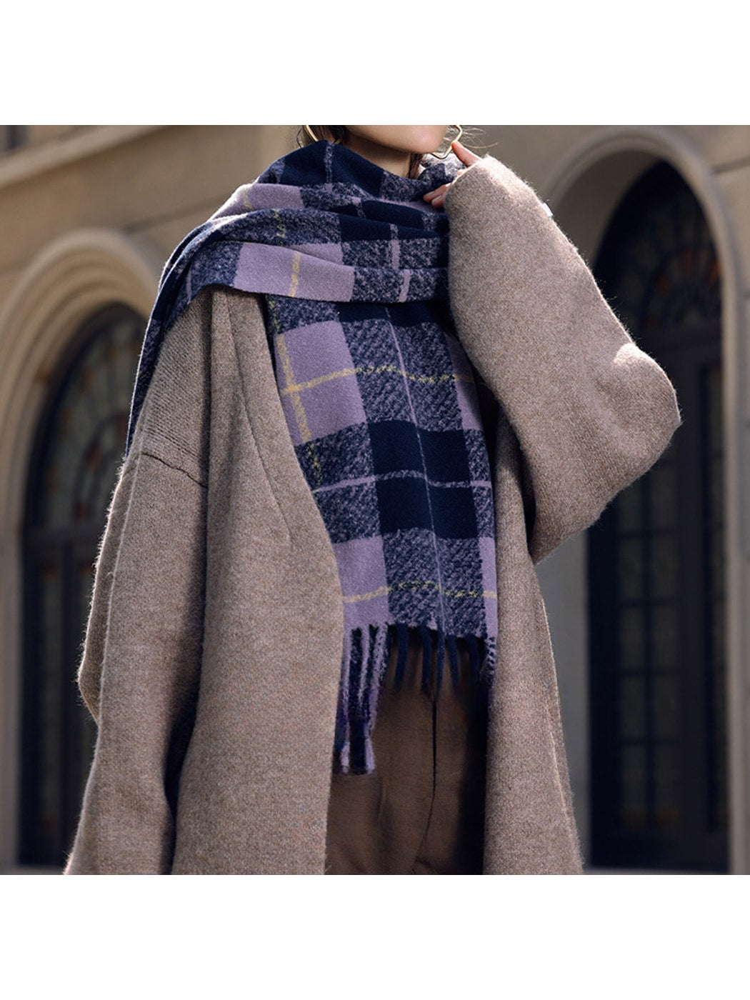 Scarvii - Long Plaid Draped Tassel Accent Scarf